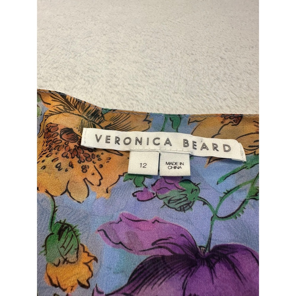 Veronica Beard Silk Floral Mini Dress 12 Blue Purple Excellent Ruched Bell - Picture 5 of 8